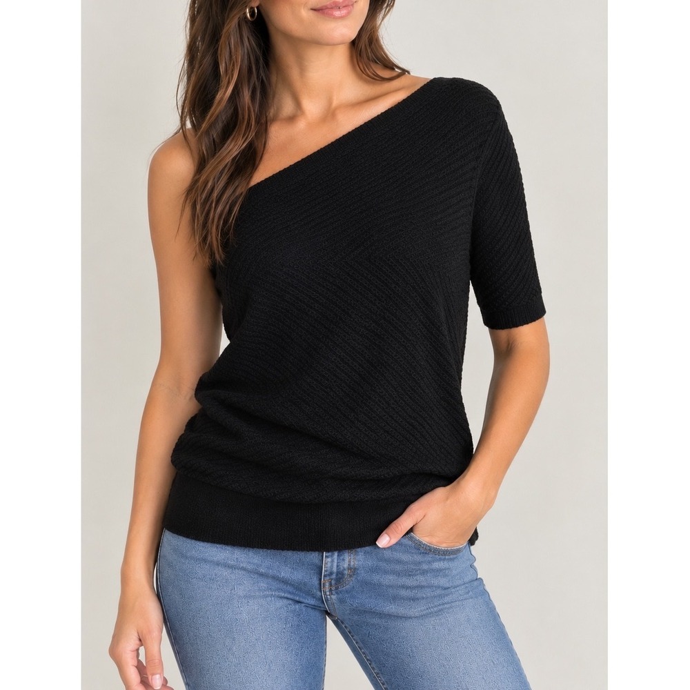 Lafayette 148 Sweater Women's Medium Silk Blend Ribbed Off One Shoulder Black